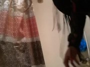 Inked Latina bitch bounces on toy while daddys at work